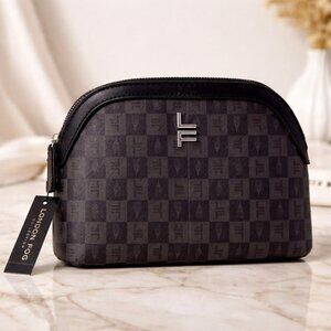 London Fog Ellie Monogram Cosmetic Clutch Brown Quiet Luxury Chic NWT